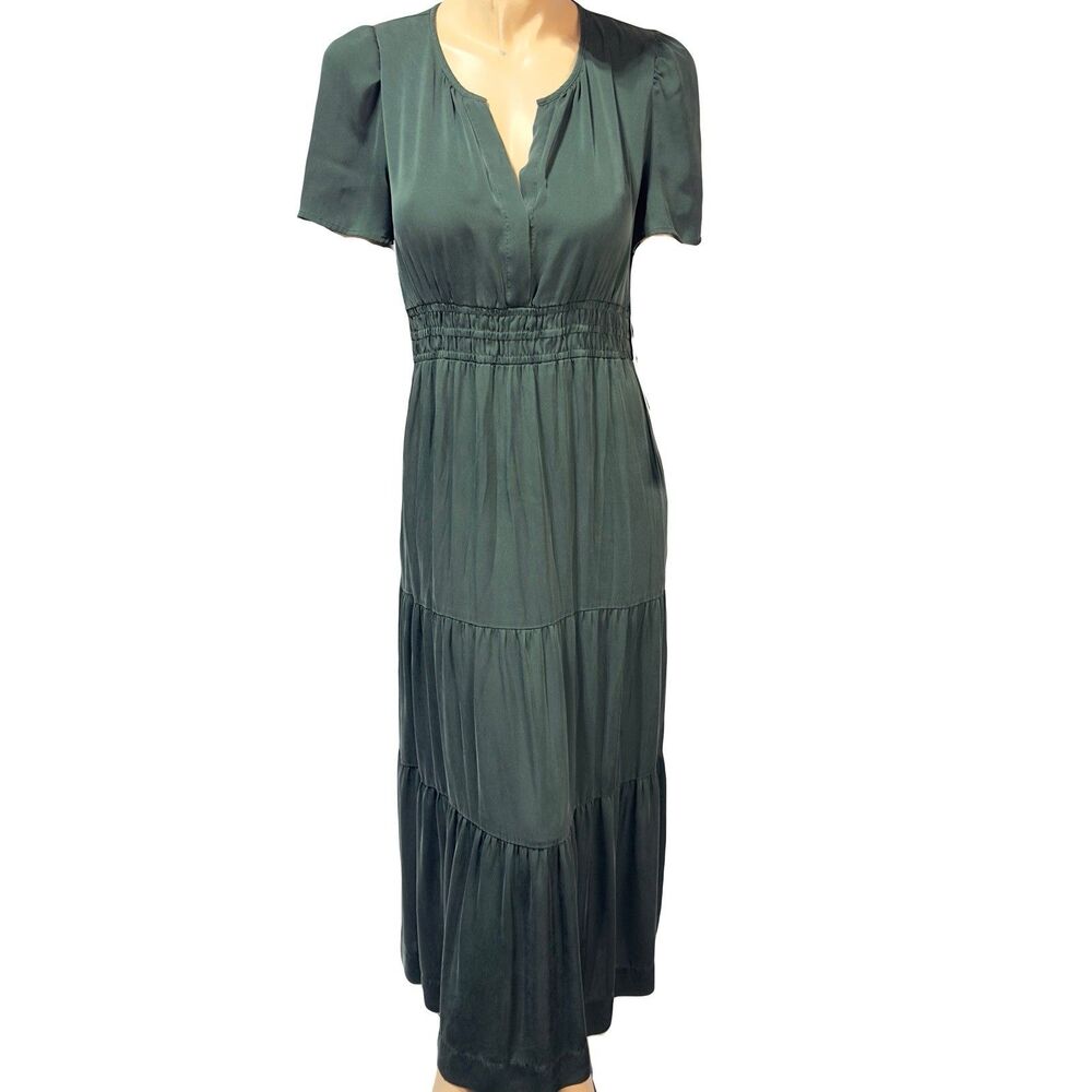 Quince Washable Stretch Silk Tiered Maxi Dress Women's M Medium Forest Green